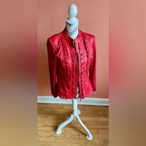 Peter Nygard Vibrant Red Leather Jacket with Ruffle Accents
